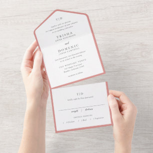 Invitación Todo En Uno Boda moderna con monograma rosa coral elegante