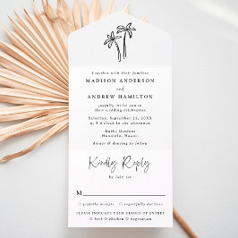 Invitación Todo En Uno Boda moderna con palmeras negras dibujadas a mano