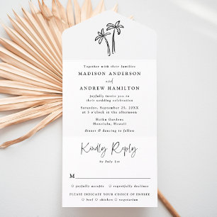 Invitación Todo En Uno Boda moderna con palmeras negras dibujadas a mano