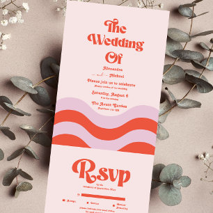Invitación Todo En Uno Boda Moderna con Tipografía Retro en Rosa y Naranj