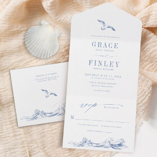 Invitación Todo En Uno Boda moderna costera chic azul junto al mar