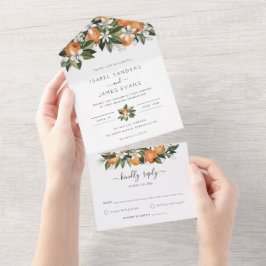 Invitación Todo En Uno Boda moderna de acuarela de flores de naranjo y ve