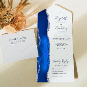 Invitación Todo En Uno Boda Moderna de Ágata Azul Real y Plata