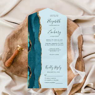 Invitación Todo En Uno Boda Moderna de Ágata Azul Teal Oro Pálido