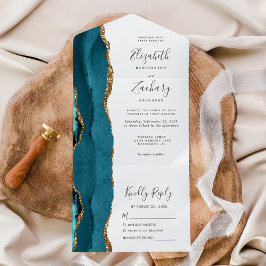 Invitación Todo En Uno Boda Moderna de Ágata Azul Teal y Oro