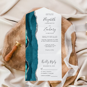 Invitación Todo En Uno Boda Moderna de Ágata Azul Teal y Plata