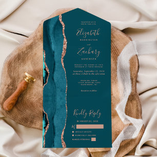Invitación Todo En Uno Boda Moderna de Ágata con Oro Rosa y Azul Verde