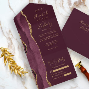 Invitación Todo En Uno Boda Moderna de Ágata Dorada Borgoña