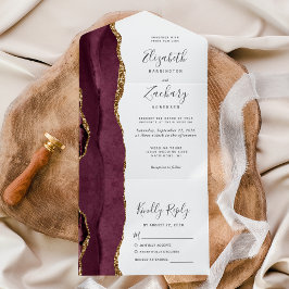 Invitación Todo En Uno Boda Moderna de Ágata Dorada Borgoña