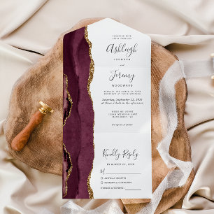 Invitación Todo En Uno Boda Moderna de Ágata Dorada Borgoña