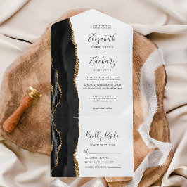 Invitación Todo En Uno Boda Moderna de Ágata Dorada Negra