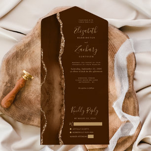 Invitación Todo En Uno Boda Moderna de Ágata Marrón Mocha Dorado