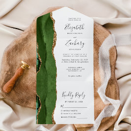 Invitación Todo En Uno Boda Moderna de Ágata Verde Cazador Dorado