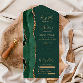 Invitación Todo En Uno Boda Moderna de Ágata Verde Esmeralda y Oro