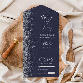 Invitación Todo En Uno Boda moderna de brillo plateado azul oscuro