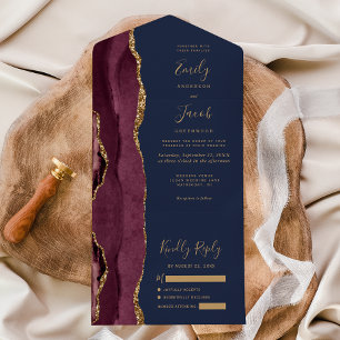 Invitación Todo En Uno Boda moderna de color burgundy oro ágata azul mari