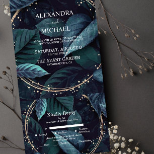 Invitación Todo En Uno Boda moderna de destino tropical en verde esmerald