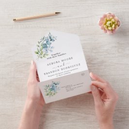 Invitación Todo En Uno Boda moderna de eucalipto con vegetación en acuare