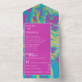 Invitación Todo En Uno Boda Moderna de Mármol de Ágata Rosa Brillante y V