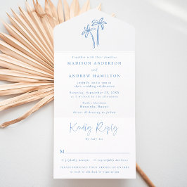 Invitación Todo En Uno Boda Moderna de Palmeras Azules Dibujadas a Mano