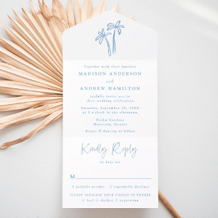 Invitación Todo En Uno Boda Moderna de Palmeras Azules Dibujadas a Mano