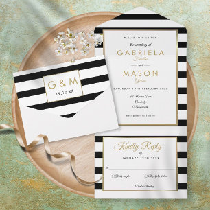 Invitación Todo En Uno Boda moderna de raya en blanco y negro con oro