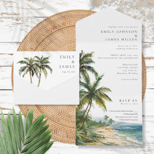 Invitación Todo En Uno Boda moderna elegante de playa tropical en acuarel