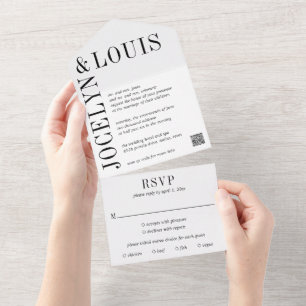 Invitación Todo En Uno Boda moderna en negro y blanco con código QR