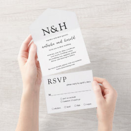 Invitación Todo En Uno Boda Moderna en Negro y Blanco con Monograma en Ne