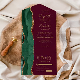 Invitación Todo En Uno Boda Moderna Esmeralda Verde Oro Ágata Burgundy
