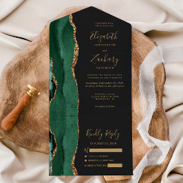 Invitación Todo En Uno Boda Moderna Esmeralda Verde Oro Ágata Oscura