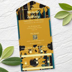 Invitación Todo En Uno Boda moderna girasol azul teal dorado