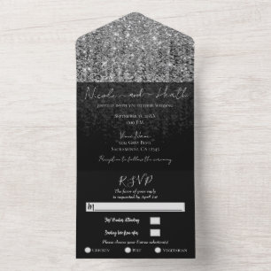 Invitación Todo En Uno Boda moderna glamurosa con brillo plateado