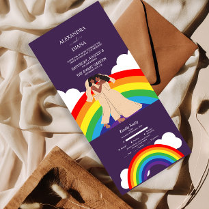 Invitación Todo En Uno Boda moderna LGBTQ de dos novias con arcoíris