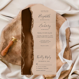 Invitación Todo En Uno Boda Moderna Marrón Mocha Oro Ágata Tan