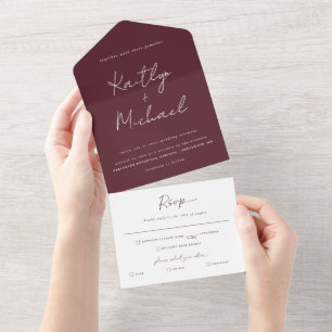 Invitación Todo En Uno Boda moderna Merlot Borgoña con RSVP desprendible