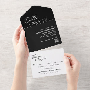 Invitación Todo En Uno Boda moderna minimalista con código QR negro