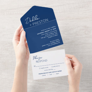 Invitación Todo En Uno Boda moderna minimalista de azul marino