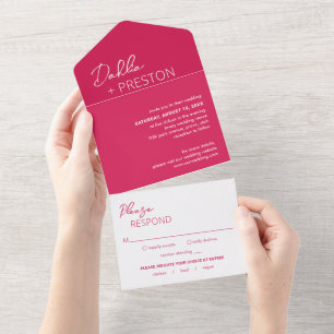 Invitación Todo En Uno Boda moderna minimalista de color rosa caliente