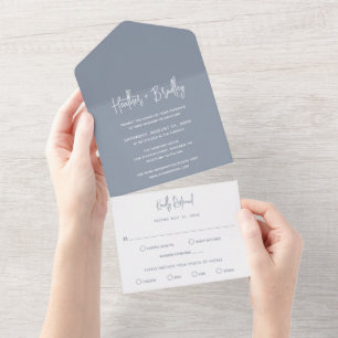 Invitación Todo En Uno Boda moderna minimalista en azul polvoriento