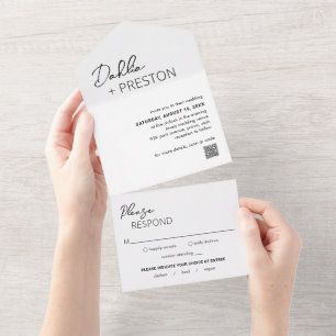 Invitación Todo En Uno Boda moderna minimalista en negro y blanco con cód