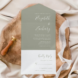 Invitación Todo En Uno Boda Moderna Minimalista Verde Salvia