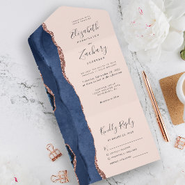Invitación Todo En Uno Boda Moderna Navy Azul Rosa Oro Ágata Rubor