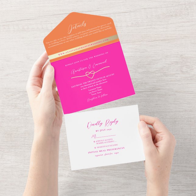 Invitación Todo En Uno Boda moderna rosa y naranja (desgarro)