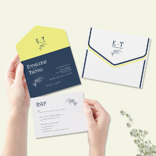 Invitación Todo En Uno Boda moderna simple de azul marino y amarillo