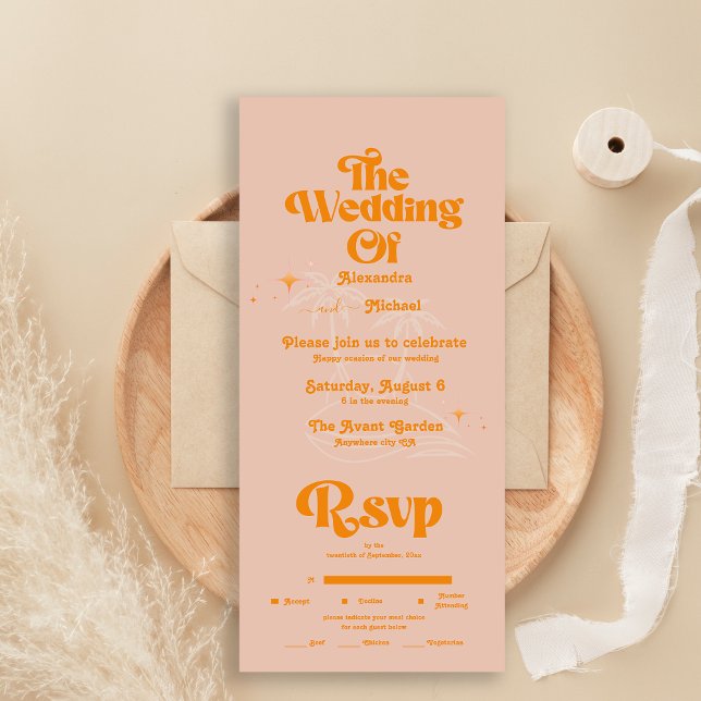 Invitación Todo En Uno Boda Moderna Tropical Vibrante de Naranja (Subido por el creador)