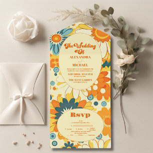 Invitación Todo En Uno Boda moderna y groovy de margarita floral amarilla