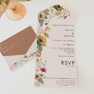 Invitación Todo En Uno Boda moderno beige de girasol ruso