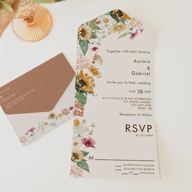 Invitación Todo En Uno Boda moderno beige de girasol ruso (Subido por el creador)