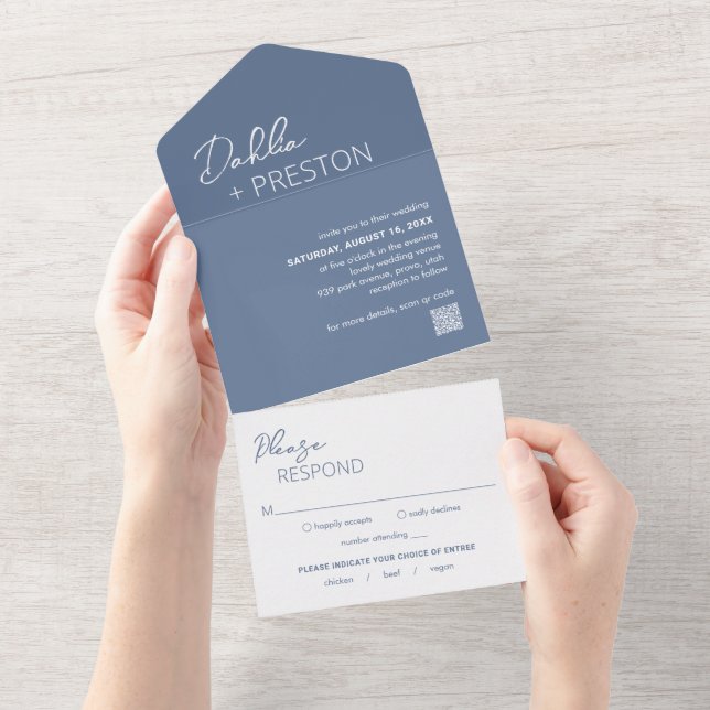 Invitación Todo En Uno Boda moderno con código QR azul mínimo y turbio (desgarro)